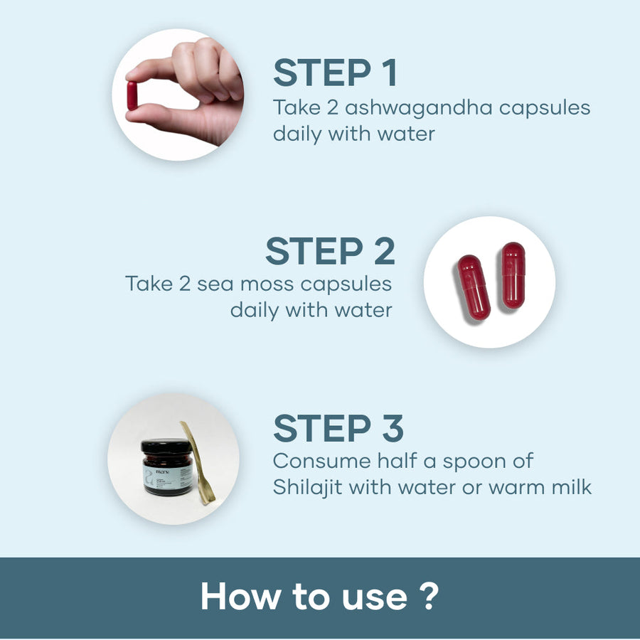 Performance Plus Combo: Pure Himalayan Shilajit Resin, Natural Ashwagandha Caps & Natural Sea Moss Caps